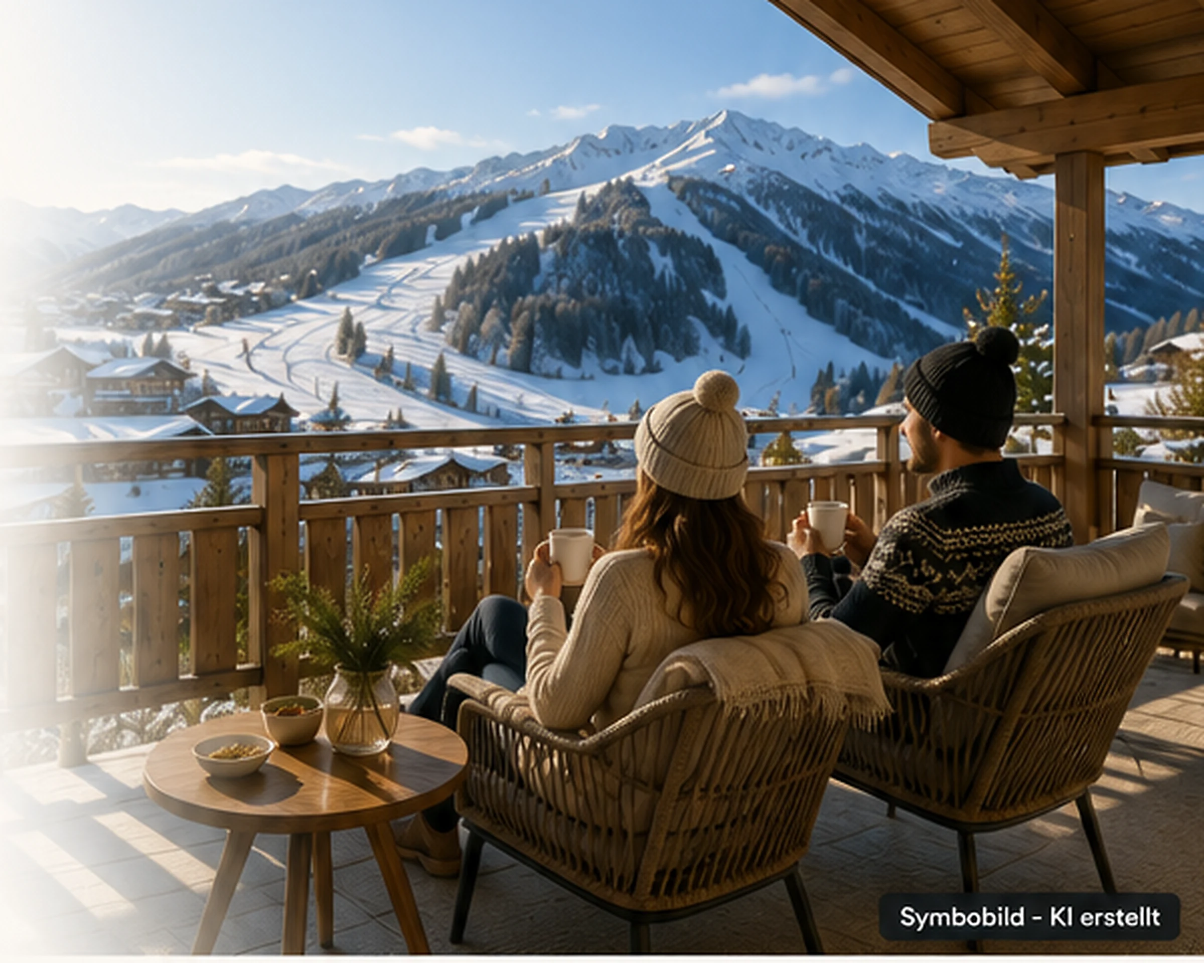 Paar auf Balkon einer Ferienwohnung mit Blick auf ein verschneites Skigebiet